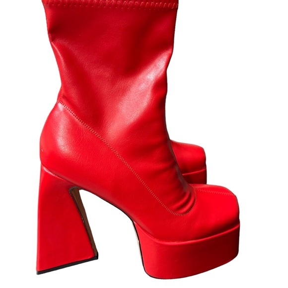 BVIENNIC RED Chunky square toe platform ankle GO-GO Boots w Heels EU42 - Picture 6 of 15